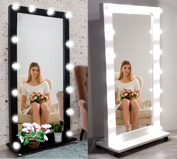 Дзеркало з лампочками 180 * 80 см! Підлогове чорне Гримерне Дзеркало на коліщатках на підставці в зріст.