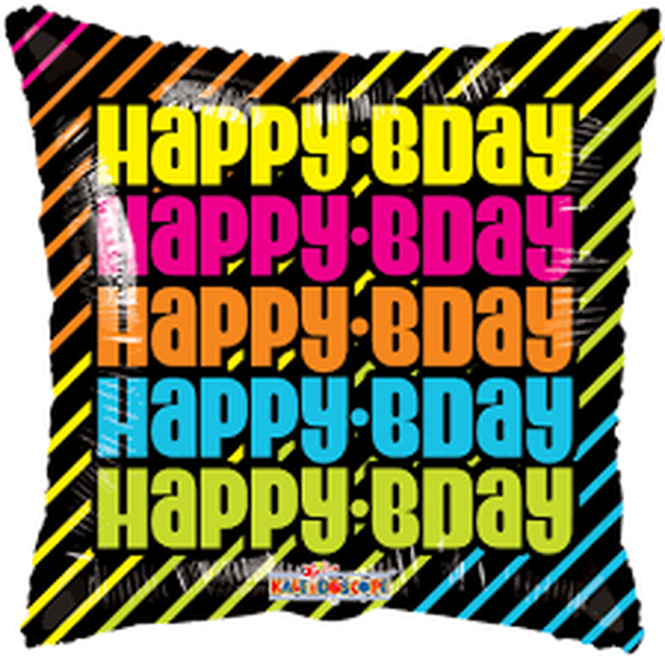 К 18" Happy Birthday Many Neon Square. Фольгована куля З днем народження