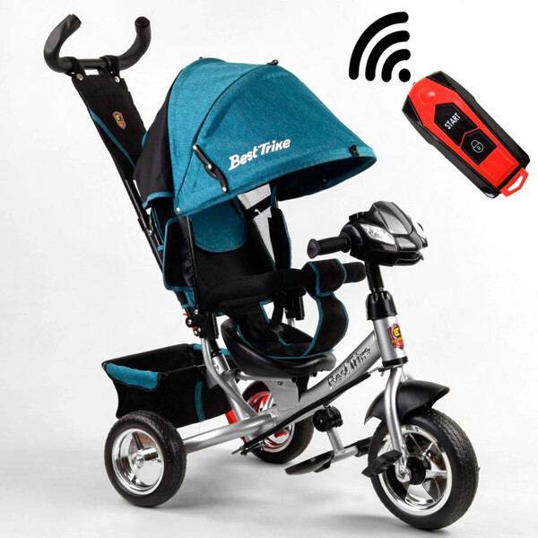 Дитячий велосипед триколісний з ручкою і фарами Best Trike надувні колеса 1-3 роки Бірюзовий (58555)