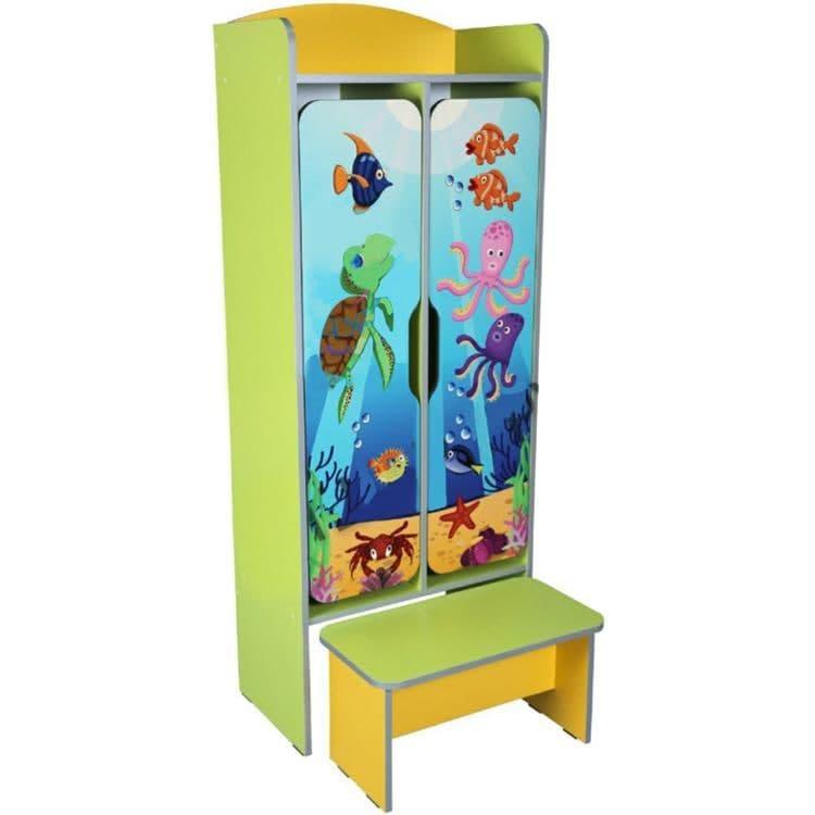 Шафа дитяча 2-місна для роздягальні, з лавкою, з фотодруком "Підводний світ", фото 1