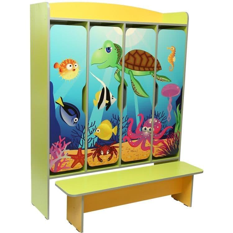 Шафа 4-дверна для роздягальні з фотодруком "Підводний світ" з лавкою, фото 1