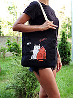 Жіноча сумка шоппер з канатними ручками, пляжна сумка,чорна тканинна еко-сумка для покупок, сумка з принтом