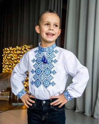 Ошатна Сорочка вишиванка для хлопчика з блакитною вишивкою, Сорочка в українському стилі довгий рукав, фото 2