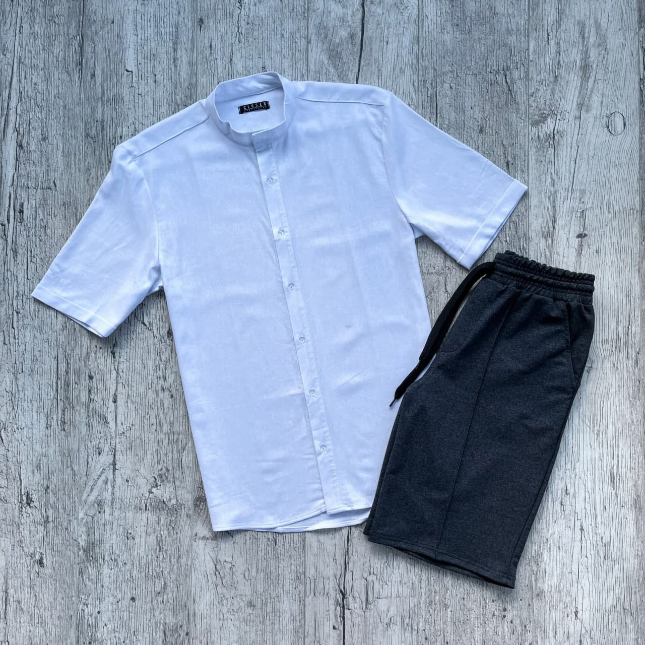 Комплект мужской Шорты + Рубашка CLOSE бело-серый | Костюм мужской летний повседневный ЛЮКС качества