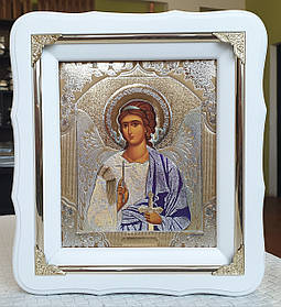 Ікона ангела Хранителя в білому фігурному кіті з декоративними куточками, розмір 24*21, лік 15*18