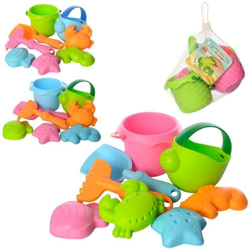 Набір для пісочниці відер, лійка, лопатка, граблі, пасоч4шт, м'який, мікс цв, в сітці, 20-17-14 см