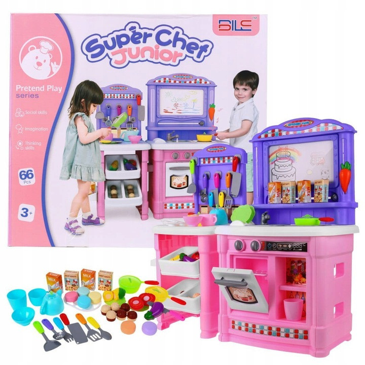 Двосекційна дитяча кухня Super Cheef Junior з дошкою для малювання, звук, світло, рожева