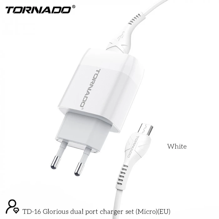 Сетевое зарядное устройство Tornado TD-16 (2USB/2.4A/1м) + USB кабель Micro-  белый, цена 132 грн - Prom.ua (ID#1437961356)