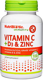 Вітамін С + D3 + цинк, NutriBiotic Immunity Vitamin C + D3 & Zinc (100 Capsules)