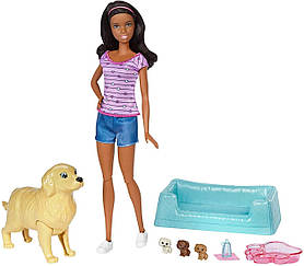 Лялька Барбі і собака з новонародженими цуценятами Barbie and Newborn Puppies темношкіра FDD44