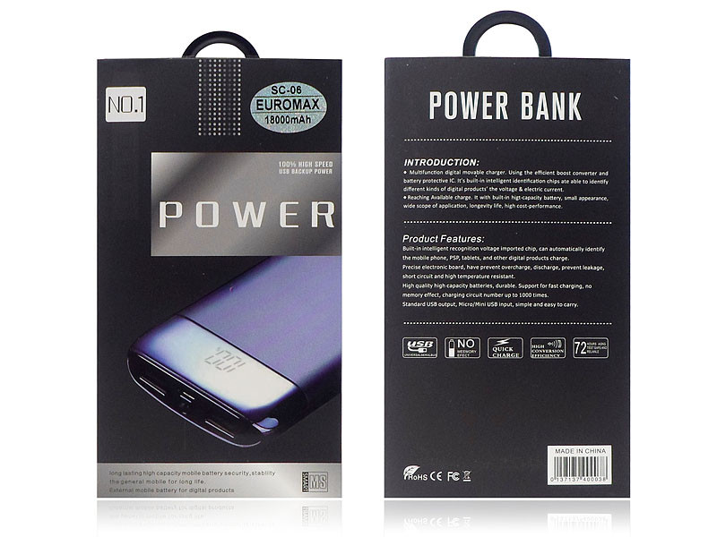 Внешний аккумулятор (power bank) EUROMAX 18000мАч (3600мАч) 100шт SC-06 - фото 5 - id-p648038936