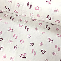 Ткань муслин Двухслойная детский принт розово-бордовый на белом (шир. 1,8 м) (0133)