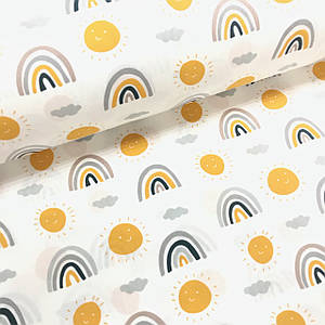 Тканина поплін веселки із сонечком сіро-жовтогарячі на білому (ТУРЦІЯ шир. 2,4 м) (R-G-0338)