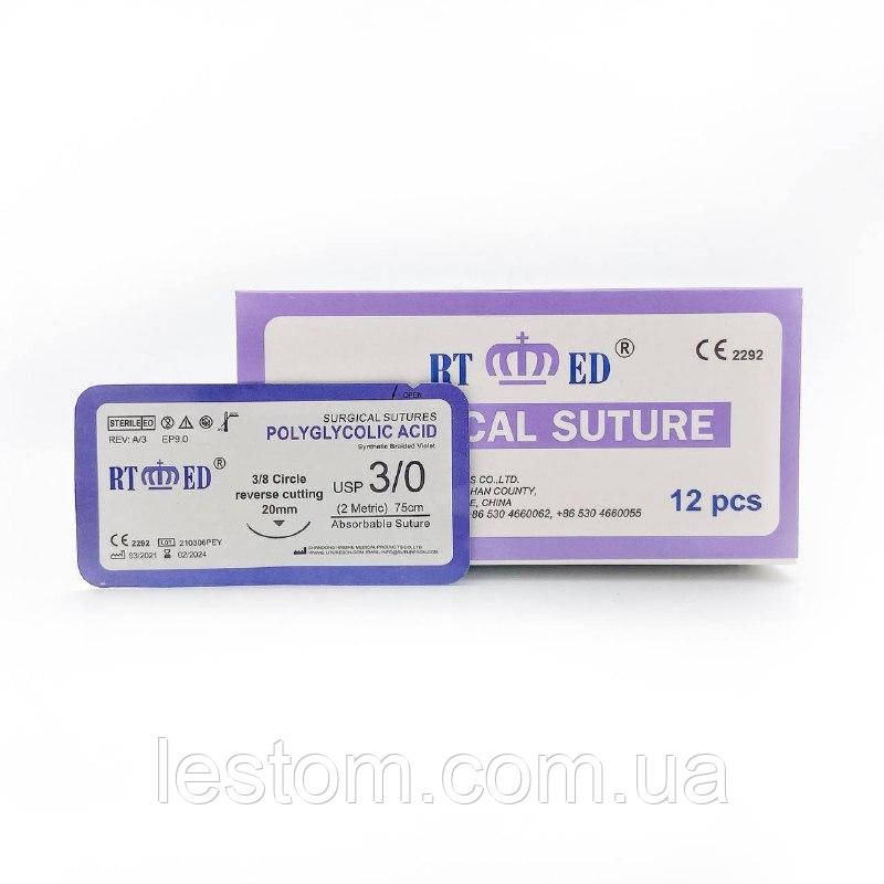 ПГА RT-med USP 3/0 (EP 2) зі звор. ріж. голкою 20мм 3/8 кола