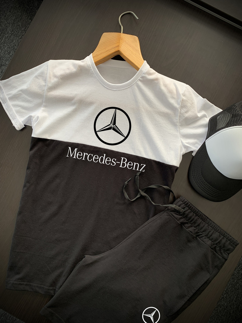 Комплект чоловічої Футболка Шорти Mercedes-Benz річний чорно-білий | Спортивний костюм чоловічий на літо