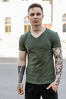 Мужская базовая футболка хаки с в образным вырезом повседневная с хлопка