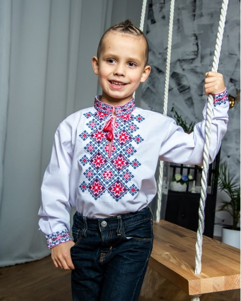 Нарядная Рубашка вышиванка для мальчика с синей вышивкой, Рубашка в украинском стиле длинный рукав, 110 - фото 2 - id-p1438394808