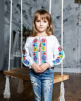 Красивая белая детская вышиванка для девочки с яркой вышивкой крестик Цветы, с длинным рукавом, размер 146