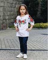 Нарядная красивая детская подростковая вышиванка Цветы белая для девочки, праздничная размер 110