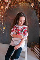 Красивая белая украинская вышиванка для девочки с красно-черным орнаментом вышивкой крестик праздничная, 128