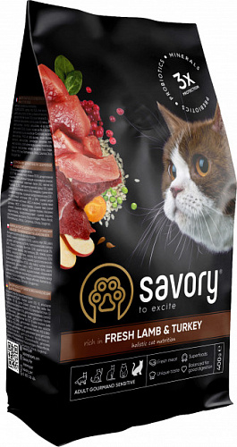 Сухий корм для котів з чутливим травленням Savory Adult Cat Sensitive Digestion Fresh Lamb & Turkey 2kg, фото 1