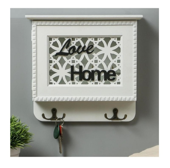 ❤️Дерев'яна біла ключниця "Кохання та дім" 8 гачків, фото 1