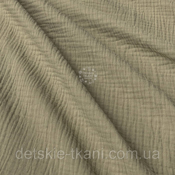 Муслін однотонний двошаровий жатий, колір хакі, ширина 135 см, фото 1