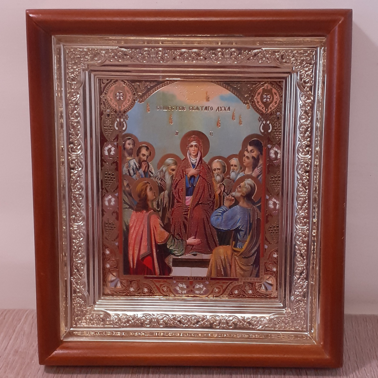 Ікона Сходження Святого Духа,  лик 10х12 см, в світлому прямому дерев'яному кіоті, фото 1