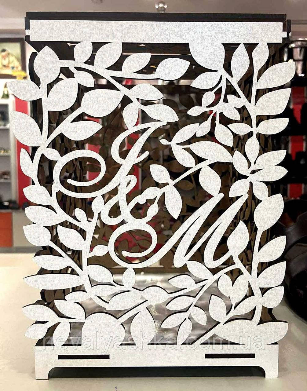 Весільний Банк для Грошей з ІНІЦІАЛАМИ Листя 26с Дерев'яна коробка Весільна Скарбниця скриня скарбничка на весілля