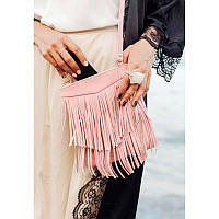Шкіряна жіноча сумка з бахромою мінікросбоді Fleco рожева