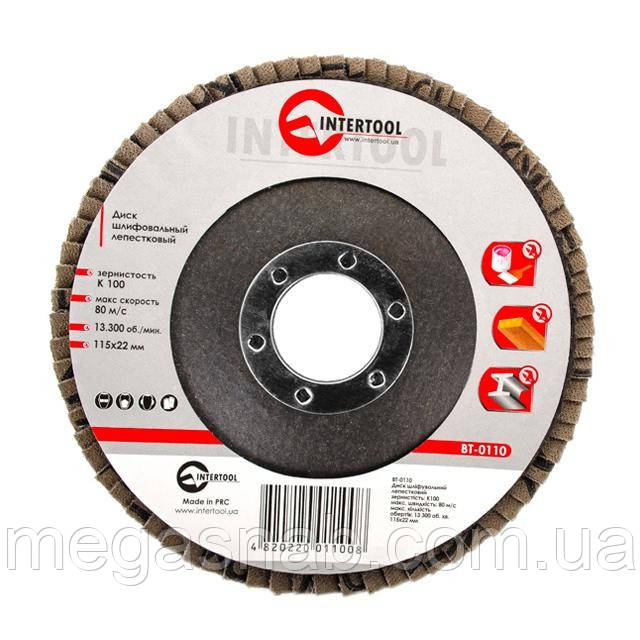 Диск шліфувальний пелюстковий 115 * 22 мм зерно K100 INTERTOOL BT-0110, фото 1