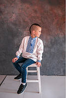 Нарядная вышитая детская рубашка белая с длинным рукавом, украинская вышиванка с орнаментом для мальчиков, 92