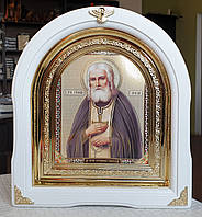 Икона Святой Серафим Саровский в белом арочном киоте под стеклом, размер 28*25, сюжет 15*18.