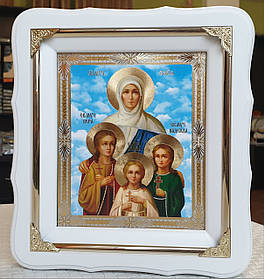 Ікона Віра Надія Любов і мати Софія в білому дерев'яному фігурному кіоті під склом,розмір кіота24×21,лік 15×18