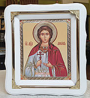 Икона Святая мученица Любовь в белом фигурном киоте с декоративными уголочками, размер 24×21, лик 15*18