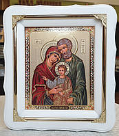 Икона Святое Семейство в фигурном белом киоте под стеклом, размер 24×21, сюжет 15*18.