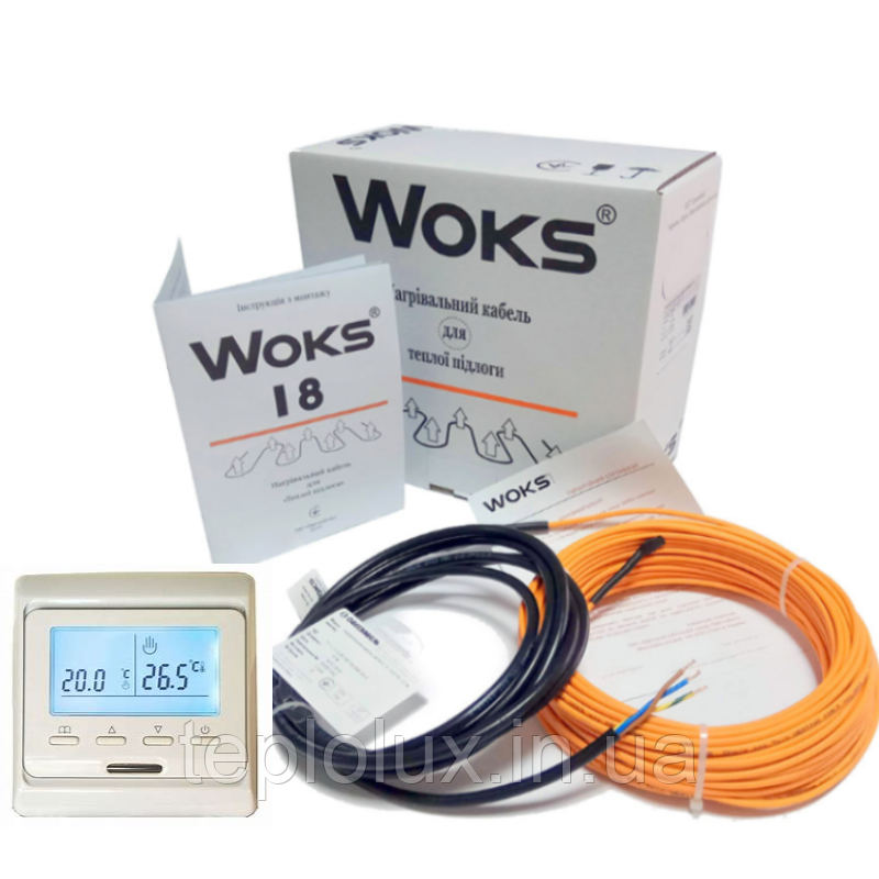 Тепла підлога WOKS - 18 двожильний кабель 100 Вт (довжина 6 метрів).з програмованим терморегулятором Е51