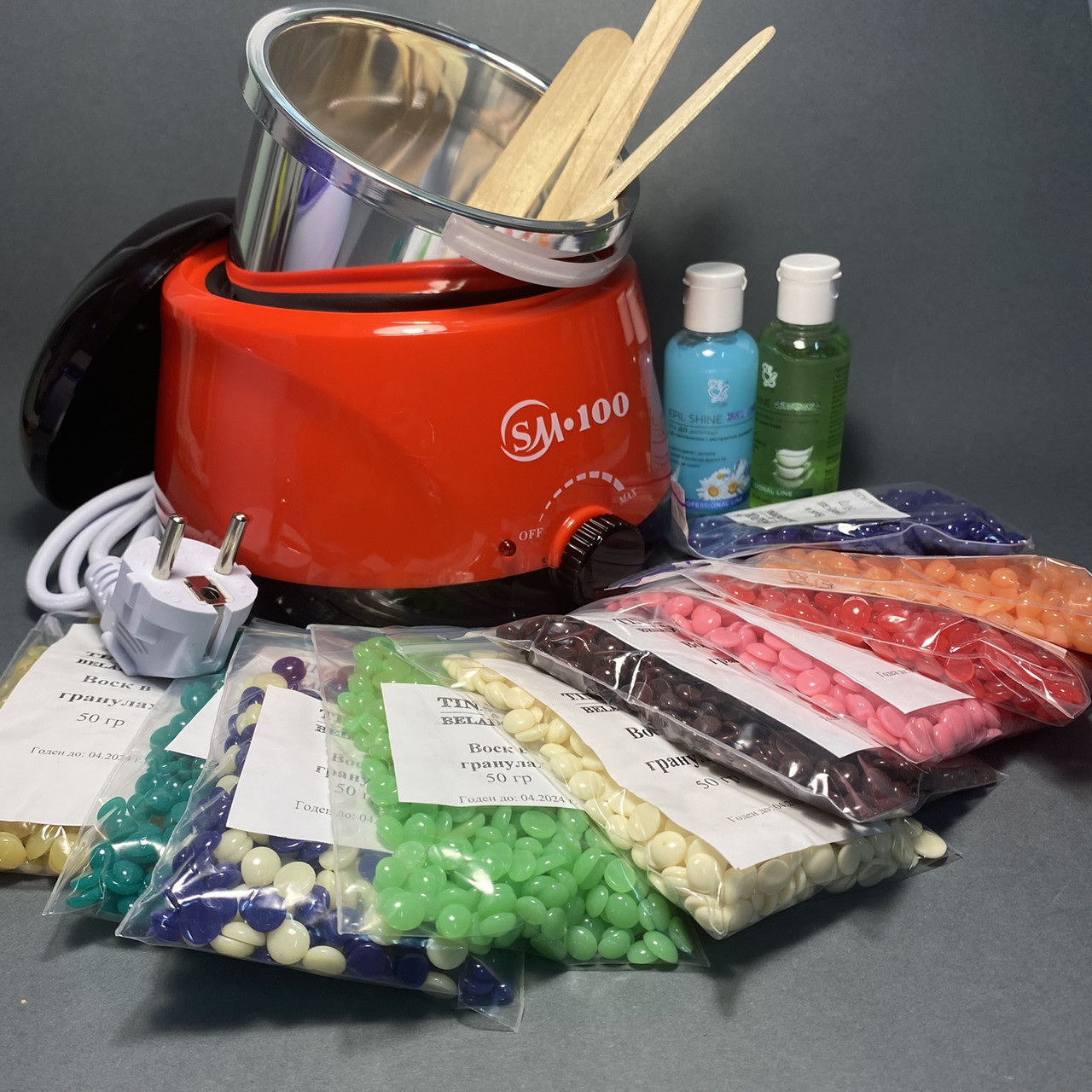 Набір для депіляції 10 видів воску, воскоплав SM-100 червоний і засоби до і після