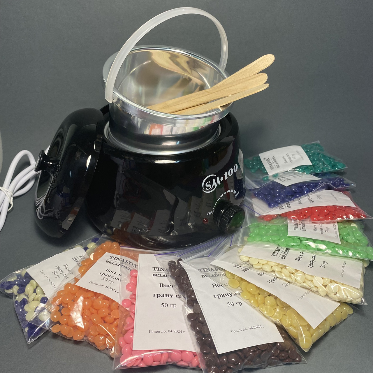 Набір для воскової депіляції 10 восків по 50 г, воскоплав SM-100 чорний