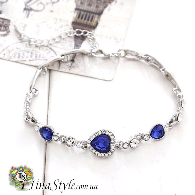 Браслет жіночий серце океану Тиснік сині кристали каміння цирконійтіффані tiffany, фото 1
