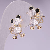Сережки Мишки з білими кристалами, колір металу золото 20х14 мм купити біжутерію дешево в інтернеті