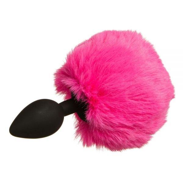 Чорна анальна пробка з рожевим хвостом Зайка Silicone, PINK S