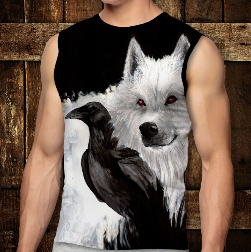 Футболка-безрукавка з 3D принтом: Білий вовк та ворон. Дорослі і Дитячі розміри ВСІ Розміри, фото 1