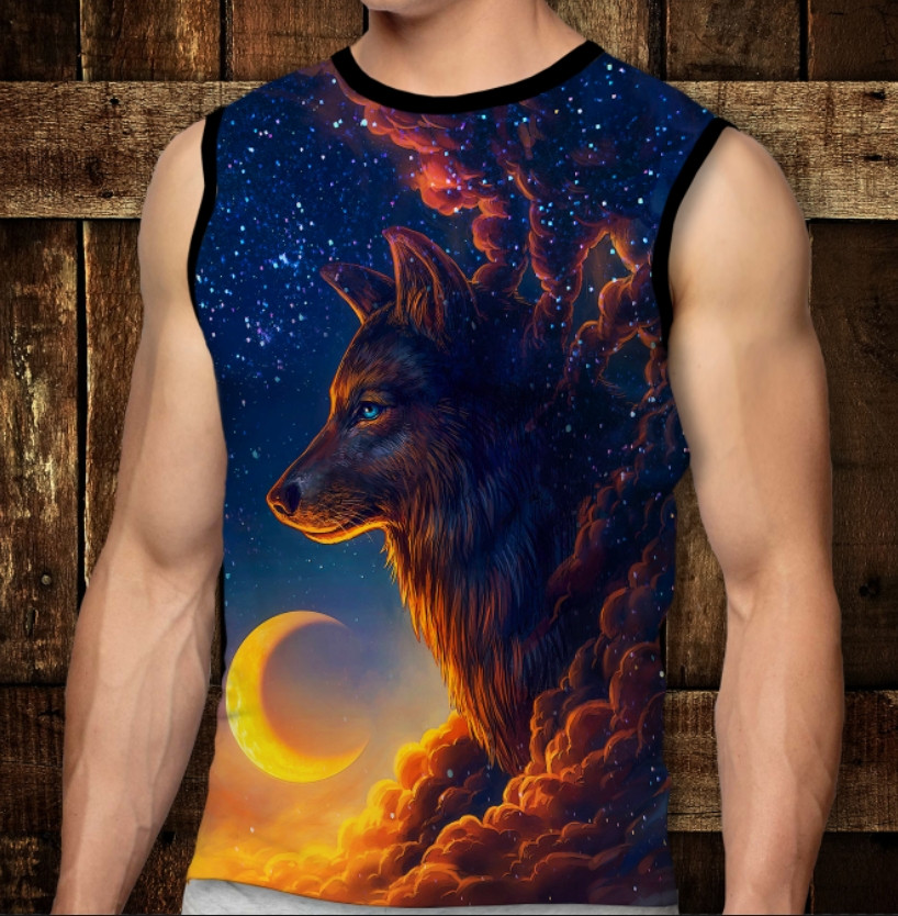 Футболка-безрукавка з 3D принтом: Вовк і зоряне небо. Дорослі і Дитячі розміри ВСІ Розміри, фото 1