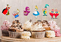 Топперы 6 шт (6/11см) для капкейков / кексов фигурные в кексы "Алиса в стране чудес" герои мультика (КАРТОН)