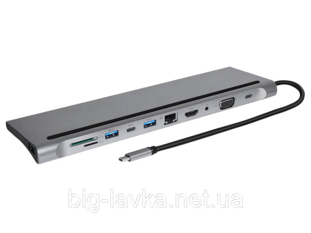 Хаб-перехідник конвертер з Type C на 4K HDMI і RJ45, PD, VGA, AUX 3.5 mm, 3 × USB 3.0 11 в 1 Сріблястий