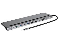 Хаб-перехідник конвертер з Type C на 4K HDMI і RJ45, PD, VGA, AUX 3.5 mm, 3 × USB 3.0 11 в 1 Сріблястий