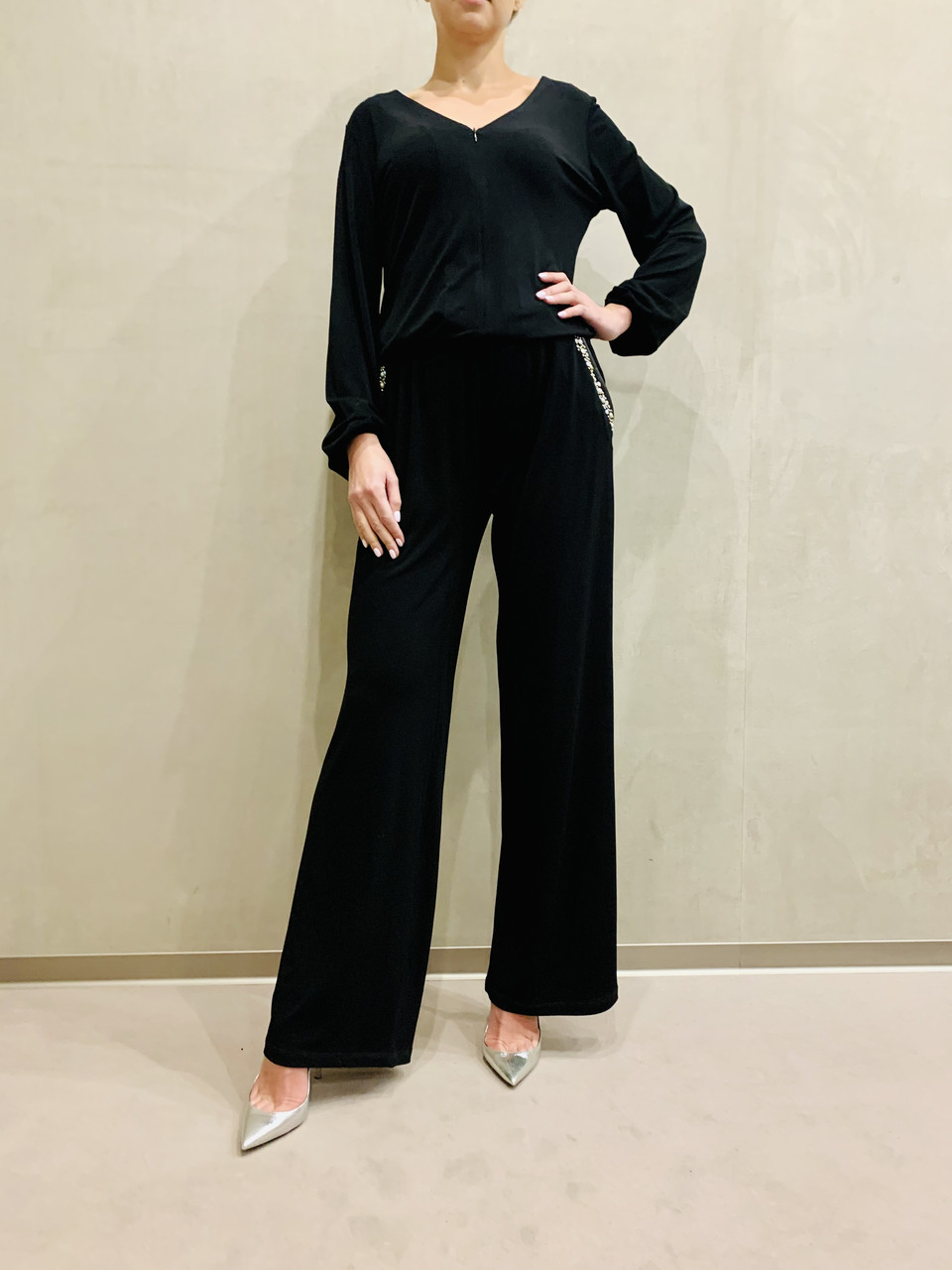 Комбінезон жіночий чорний вечірній ошатний із довгим рукавом, фото 1