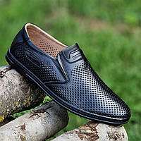 Туфлі класичні чоловічі літні шкіряні чорні з перфорацією без шнурків мокасини (Код: 1935)