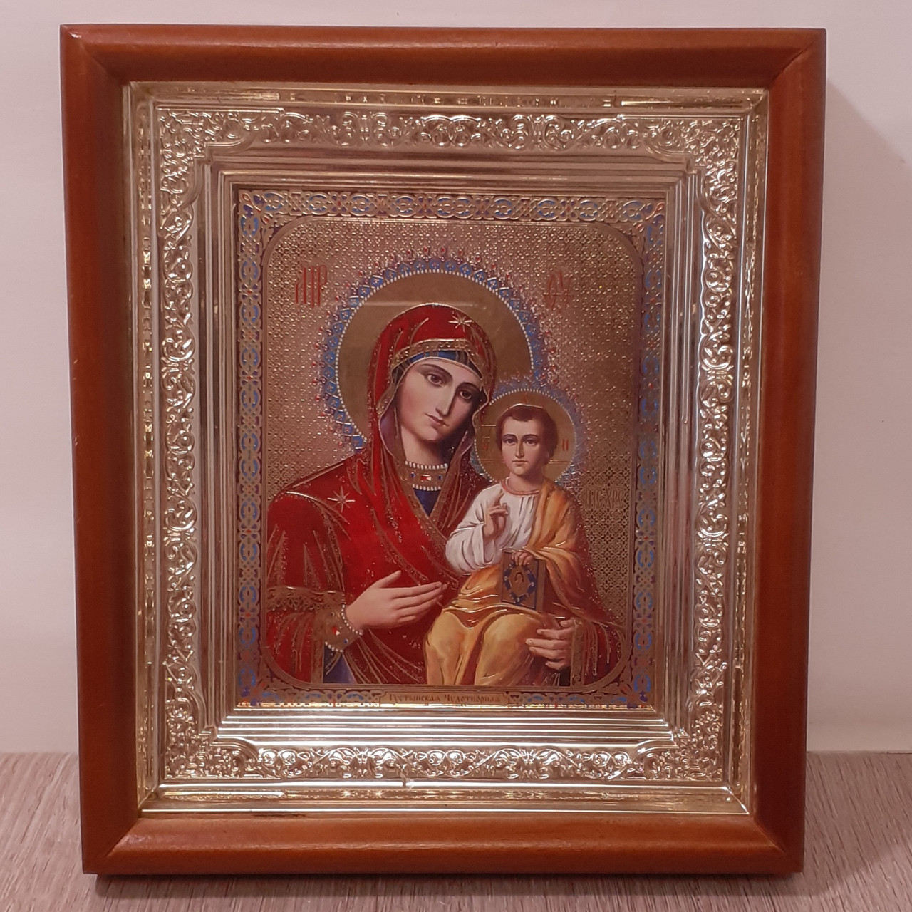 Ікона Густинська Пресвята Богородиця, лик 10х12 см, в світлому прямому дерев'яному кіоті, фото 1